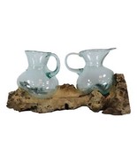 Balinese Gamal Wood Driftwood Plank With 2 Molten Glass Water Jugs Caraf... - $185.90 CAD