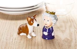 Queen and Corgi Salt Pepper Set Ceramic 3.5" High Royalty Purple Collectible image 3