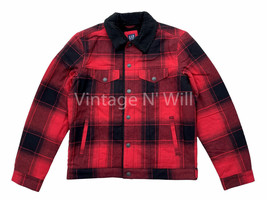 GAP Mens Red/ Black Buffalo Plaid Sherpa Quilted Sleeve Cotton Trucker J... - $44.10