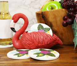 Tropical Birds Of Paradise Pink Flamingo Coaster Set Holder With 4 Coasters - £24.34 GBP