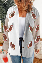 White Sequin Rugby Graphic Flap Pockets Corduroy Shacket - $27.20