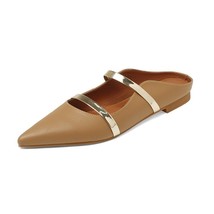 Genuine Leather Women Mule Slippers Mary Janes Double Strap Flat Sandals Gold Po - £78.39 GBP
