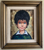 Vintage Original Oil Painting Portrait of Boy Black Hair Blue Eyes Signed Coy - £75.93 GBP