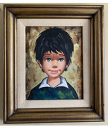 Vintage Original Oil Painting Portrait of Boy Black Hair Blue Eyes Signed Coy - £75.13 GBP