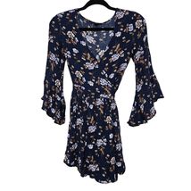 Midnight Fairycore Floral Mini Boho Bell Sleeve Wrap Dress Ethereal Navy S - $8.00