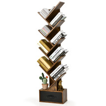 10-tier Tree Bookshelf with Drawer Free-standing Storage Bookcase Rustic Brown - £95.09 GBP