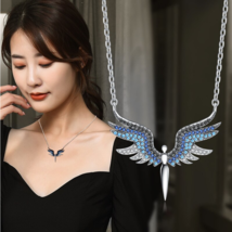 Stainless Steel Angel Wings Zirconia Pendant Necklace (Silver, Gold, Blue) - £12.63 GBP