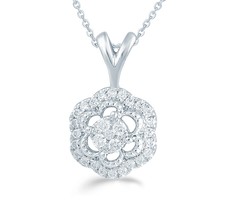 1/4CT TW Diamond Floral Cluster Pendant in Sterling Silver with 18&quot; cable chain - £51.95 GBP