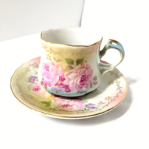 Vtg Nippon Cup &amp; Saucer Pink Floral Gold Scalloped Embossed Rose Peony Demi Sun - £34.40 GBP