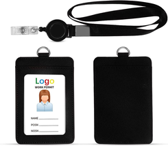 HYCOPROT ID Badge Holder with Lanyard Heavy Duty Retractable PU Leather Vertical - £10.23 GBP