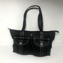 Vintage Y2K 1990s Tommy Hilfiger Black Canvas Shoulder Bag Tote Handbag Purse - £103.90 GBP