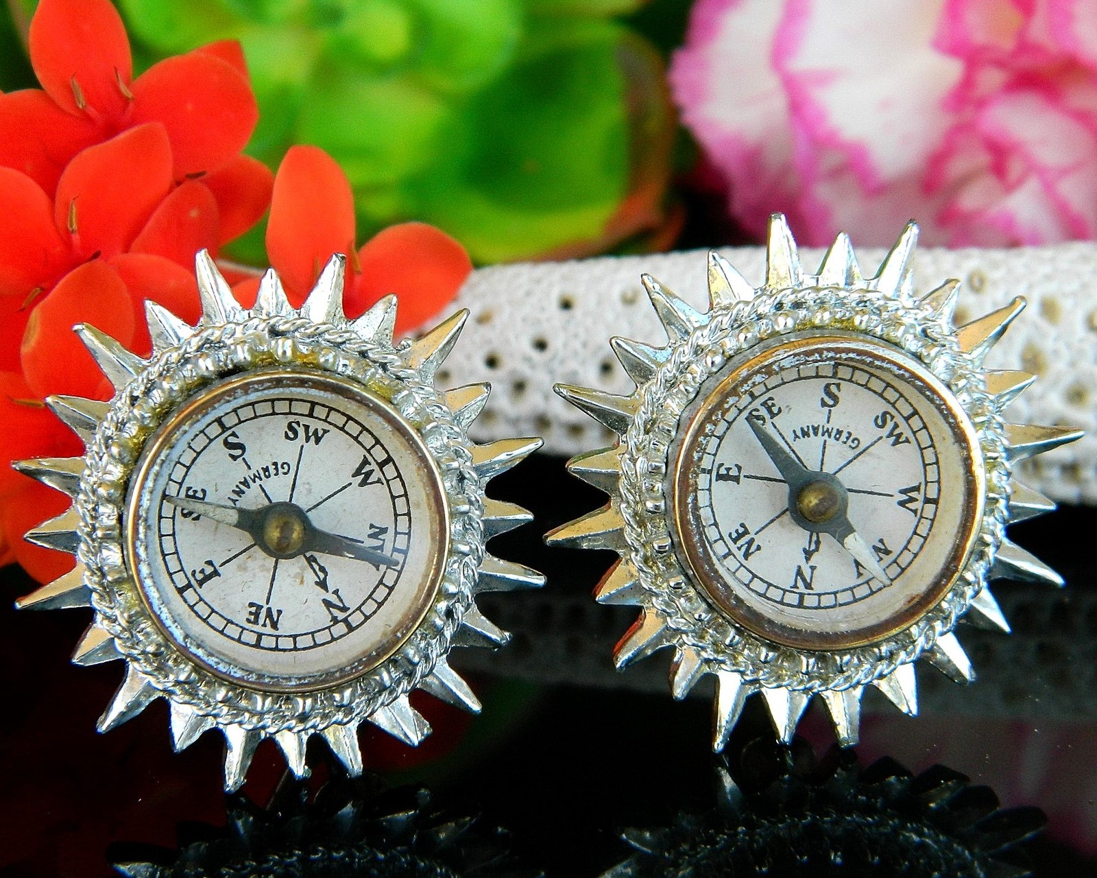 Primary image for Vintage Coro Real Compass Earrings Miniature Working Germany Screwback