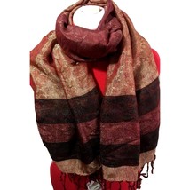 Burgundy Jacquard Woven Wrap Scarf Floral Golden Shimmery Silky Soft Fri... - £27.90 GBP