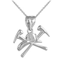 925 Sterling Silver Firefighter Axes &amp; Helmet Pendant Necklace - £27.24 GBP+