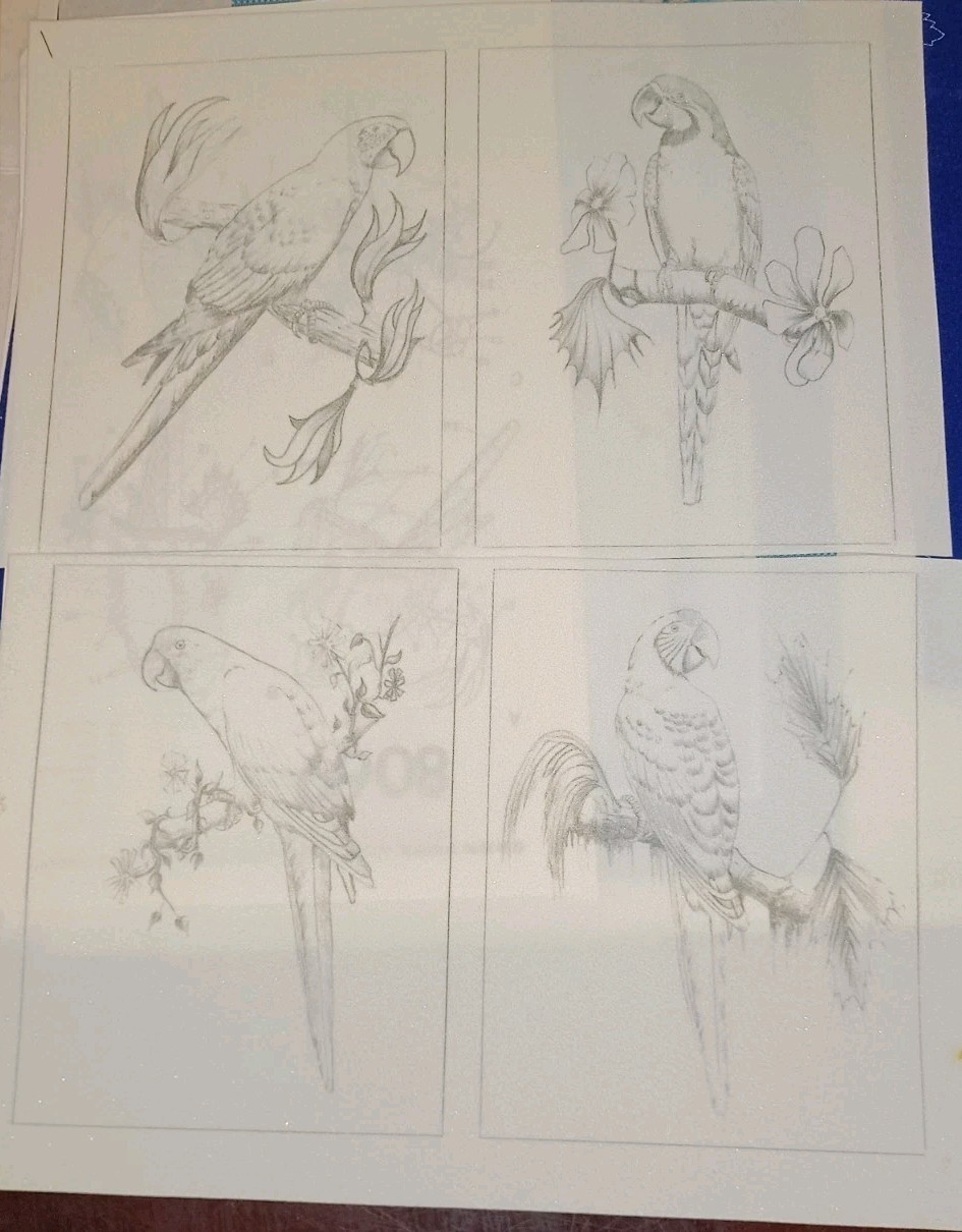 * TRI CHEM 8069 TROPICAL PARROTS SET SUEDE Ready to Paint Picture 4 Pane... - $20.00