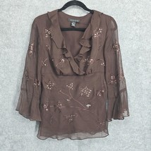 Silk Land Blouse Women Medium Brown Ruffle Sheer Lined 100% Silk Sequined Floral - $23.36