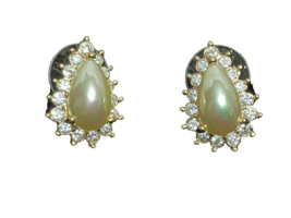 ROMAN Signed Vintage Pierced Post Earrings Pearlized Cabochon Clear Rhin... - £6.73 GBP