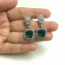 4Ct Princess Cut Green Emerald Drop Dangle Halo Earrings 14K White Gold Finish - £85.84 GBP