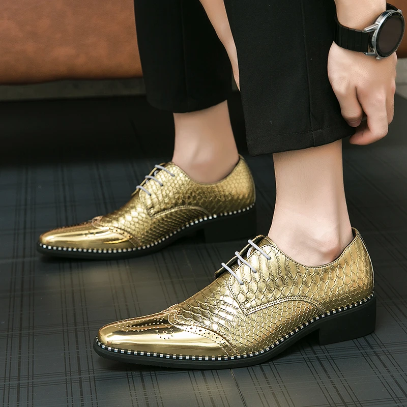 Men Shoes Lace Up Pointed Toe gold Men Dress Shoes outdoor Leather Brogu... - $73.33