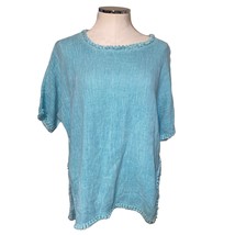 Meo Meli Blue Linen Blend Frayed High-Low Split Hem Short Sleeve Top - £25.53 GBP