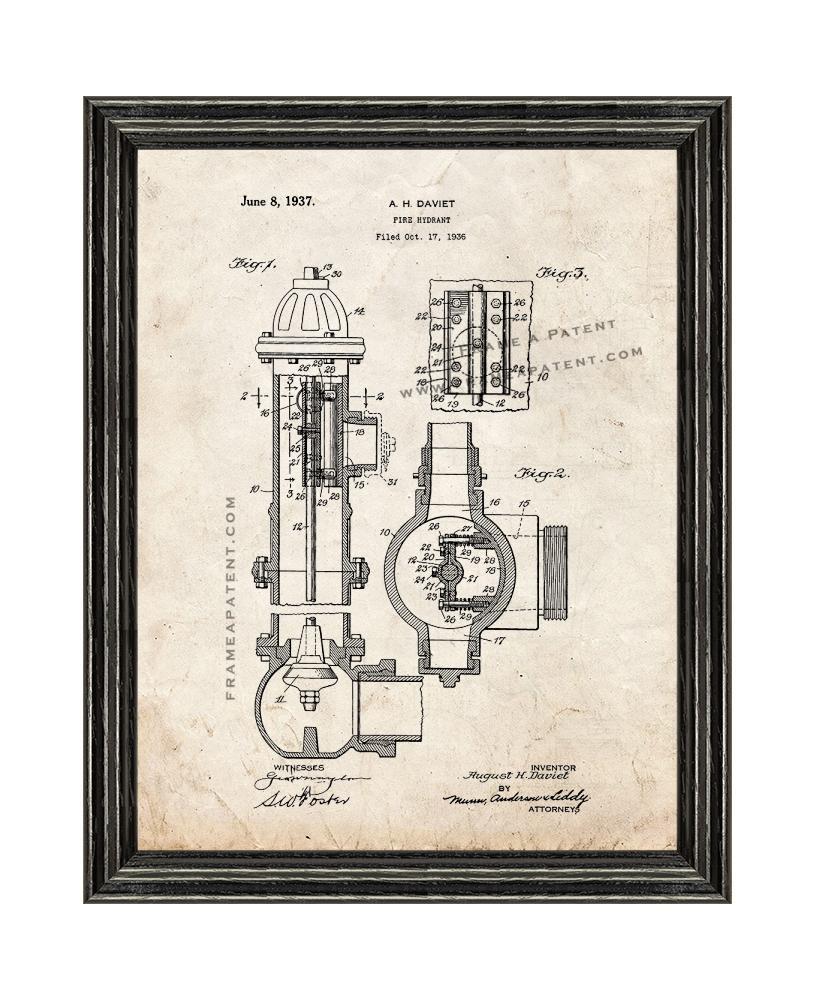 Fire Hydrant Patent Print Old Look with Black Wood Frame - $24.95 - $109.95