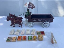 Vintage Cast Iron Horse Drawn Vegetable Fruit Peddlers Wagon Cart Umbrella - $89.09