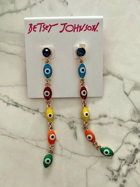 Primary image for Betsey Johnson Linear Rainbow Dangling Evil Eye Earrings