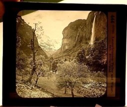 Magic Lantern Glass Slide Lauterbrunnen Valley &amp; Waterfall Switzerland  1870s - £23.34 GBP