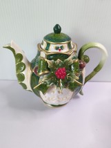 Cosmos Emerald Holiday Holly Berry Teapot Christmas Holiday Gold Enterta... - £39.95 GBP