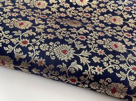 Banarasi Brocade Fabric Navy Blue &amp; Gold Fabric Wedding Dress Fabric - N... - $10.49+