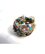 Multi Color Woven Cuff Bracelet Bead Mosaic Hand Crafted Artisan Boho Style - $14.85