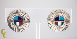 Sterling Silver Lapidary Inlay Sunburst Clip-On Earrings Gorgeous! - £186.90 GBP