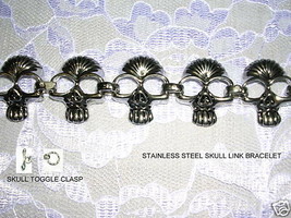 Skull Cranium Link Biker Stainless Steel Unisex Bracelet 9&quot; Toggle Clasp - £36.76 GBP