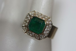 Fine 18K Yellow Gold Hexagon Ring W/ Green Emerald Pave Diamonds Ring Size 6 - £1,817.21 GBP