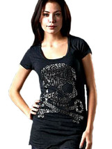 Affliction Silver Floral Skull Metal Studs Womens Scoop Neck T Shirt Black S NWT - £53.31 GBP