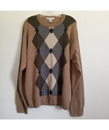 Vintage Geoffrey Beene Argyle Sweater 80s Pullover Long Sleeve Tan Gray ... - £54.87 GBP