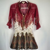 GB Womens Red Gold 3/4 Sleeve Paisley Pattern Mini Dress Size XS Button Up - £14.00 GBP