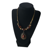 Amber Beaded Rhinestone Necklace Antique Brass Adjustable Cord Statement Piece - £9.56 GBP