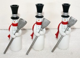 Porcelain Pewter Snowman Candle Holders Holding Brooms ~ 1997 Midwest ~ 5&quot; H - £78.17 GBP