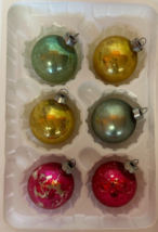 Christmas Pink, Yellow, Blue Shiny Glass Round 6-pc 1.5&quot; Ball Vintage Ornaments - £7.13 GBP