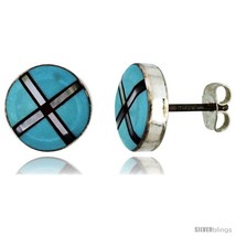 Sterling Silver Handcrafted Blue Turquoise Round Stud Earrings (Genuine Zuni  - $52.74
