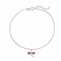 Purple Dragonfly Movable Charm with Created Diamond 9&quot;+1&quot; Sterling Silver Anklet - £78.64 GBP