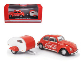 1967 Volkswagen Beetle Red w Teardrop Travel Trailer Red White Coca-Cola 1/43 Di - £31.32 GBP