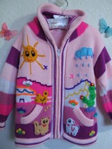 Vtg Pink Nazca Peru Girls Zip Cardigan Sweater Hoodie 4 / 5 Embroidered Applique - £19.65 GBP
