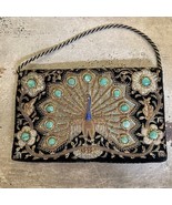 Vintage Embroidered Peacock Black Velvet Metallic Thread Purse Clutch - $51.15