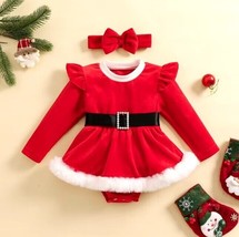 NEW Christmas Santa Baby Girls Red Velvet Romper Jumpsuit Dress &amp; Headband - £9.27 GBP