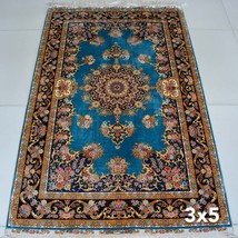 3&#39; x 5&#39; Blue Small Persian Hand Knotted Pure Silk Rug Oriental Medallion Carpet - £599.51 GBP