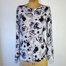 Rose &amp; Olive Size L Blouse Grey Purple Floral Chiffon Long Sleeve Back K... - £21.22 GBP