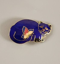 Vintage Blue Cloisonne Enamel Cat kitten Brooch Pin Animal Gold Tone Butterfly - £15.81 GBP