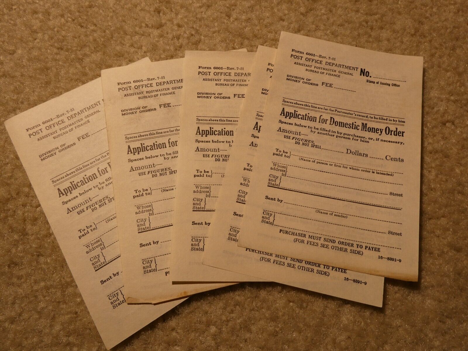 Lot of 5 vintage 1951 us post office money order application forms